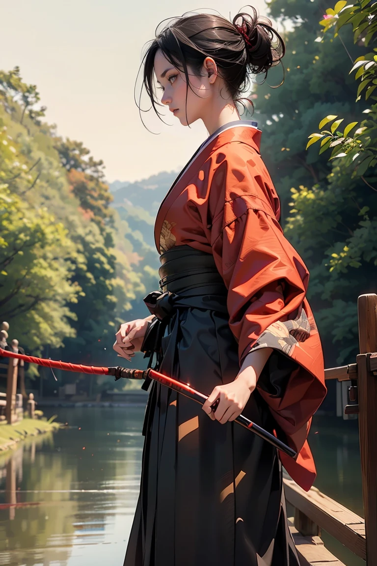 ((masterpiece, highest quality, Highest image quality, High resolution, photorealistic, Raw photo, 8K, Extremely detailed CG unified 8k wallpaper)), Fishing Samurai girl, black hair tied back, detailed beautiful face, detailed female hands, wearing red kimono and black hakama, (Crouching on a wooden bridge, holding a fishing rod and casting the line into the river:1.3), viewed from the side.