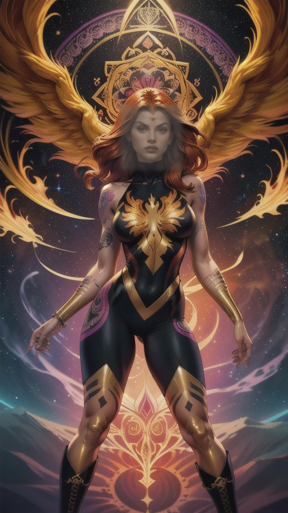 1girl, solo, Jean Grey of X-men, high leg cut out unitard of black and gold, boob window in unitard, ((thighs showing)), ((calf-high boots)), (color mandala tattoos on thighs:1.37), ((color phoenix on chest)), floating in space, arms out in power pose, contrapposto stance, dramatically colorful cosmic background, moody lighting, 16k, best quality, masterpiece, (wide angle:1.27), full length portrait