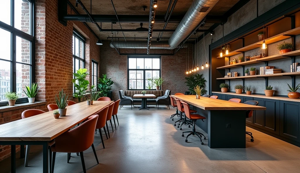 industrial style office design for architecture and interiors:
1. Materials and Textures
Bare brick and concrete: Use bare brick and concrete walls to create a unique and intimate feel. You can expose the rustic textures, without plaster or paint.
Metal and steel: Use metal details, such as steel and aluminum door frames, railings, or light fixtures. Plumbing, electrical, or steel bars can also be exposed to create an industrial look.
2. Colors
Dark palette: Use colors like black, gray, brown, and earth tones to create a warm and strong space.
Bold colors: Add a few strong color accents, such as red or yellow, through art, chairs, or walls to create balance and uniqueness.
3. Furniture
Large desks: Use raw wood desks with metal legs and large dining tables to encourage collaboration.
Ergonomic chairs: Choose industrial-style chairs with minimalist designs and durable materials such as leather or canvas.
Open shelves: Install open shelves made of wood and metal to create storage and decoration space.
4. Lighting
Decorative pendant lights: Use metal pendant lights or industrial ceiling lights to enhance the aesthetics and lighting of the space.
Natural light: Optimize natural light by using large windows and open spaces, creating an airy feeling.
5. Meeting and discussion areas
Open meeting rooms: Design meeting room spaces with transparent glass to create an open and unobstructed feeling.
Discussion areas: Set up comfortable areas with sofas or low chairs, along with coffee tables for employees to discuss and work in groups.
6. Use artistic murals
Recycled decorations: Use recycled or historical objects to decorate to create an environmentally friendly space and bring something new.
8. Office plants
Industrial plants: Use simple but beautiful ornamental plants, suitable for industrial spaces such as cactus, peace lily or snake plant to create freshness without taking up space.