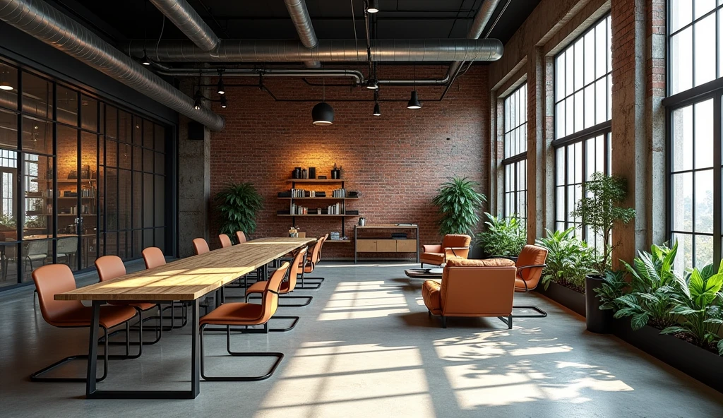 industrial style office design for architecture and interiors:
1. Materials and Textures
Bare brick and concrete: Use bare brick and concrete walls to create a unique and intimate feel. You can expose the rustic textures, without plaster or paint.
Metal and steel: Use metal details, such as steel and aluminum door frames, railings, or light fixtures. Plumbing, electrical, or steel bars can also be exposed to create an industrial look.
2. Colors
Dark palette: Use colors like black, gray, brown, and earth tones to create a warm and strong space.
Bold colors: Add a few strong color accents, such as red or yellow, through art, chairs, or walls to create balance and uniqueness.
3. Furniture
Large desks: Use raw wood desks with metal legs and large dining tables to encourage collaboration.
Ergonomic chairs: Choose industrial-style chairs with minimalist designs and durable materials such as leather or canvas.
Open shelves: Install open shelves made of wood and metal to create storage and decoration space.
4. Lighting
Decorative pendant lights: Use metal pendant lights or industrial ceiling lights to enhance the aesthetics and lighting of the space.
Natural light: Optimize natural light by using large windows and open spaces, creating an airy feeling.
5. Meeting and discussion areas
Open meeting rooms: Design meeting room spaces with transparent glass to create an open and unobstructed feeling.
Discussion areas: Set up comfortable areas with sofas or low chairs, along with coffee tables for employees to discuss and work in groups.
6. Use artistic murals
Recycled decorations: Use recycled or historical objects to decorate to create an environmentally friendly space and bring something new.
8. Office plants
Industrial plants: Use simple but beautiful ornamental plants, suitable for industrial spaces such as cactus, peace lily or snake plant to create freshness without taking up space.