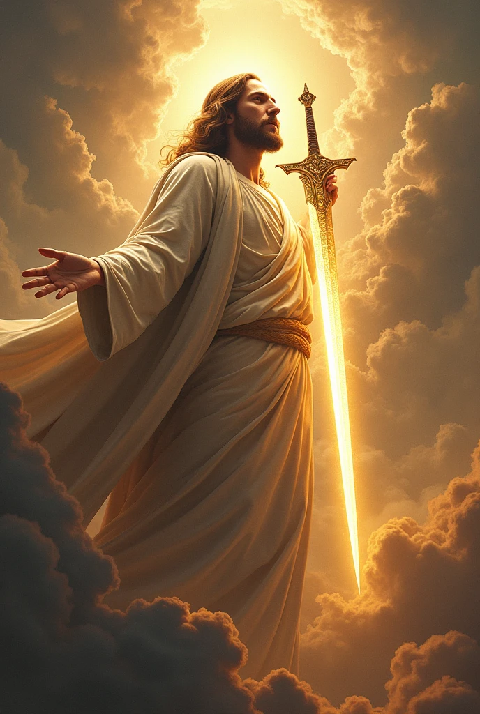 Jesus in his glory with a sword in his mouth