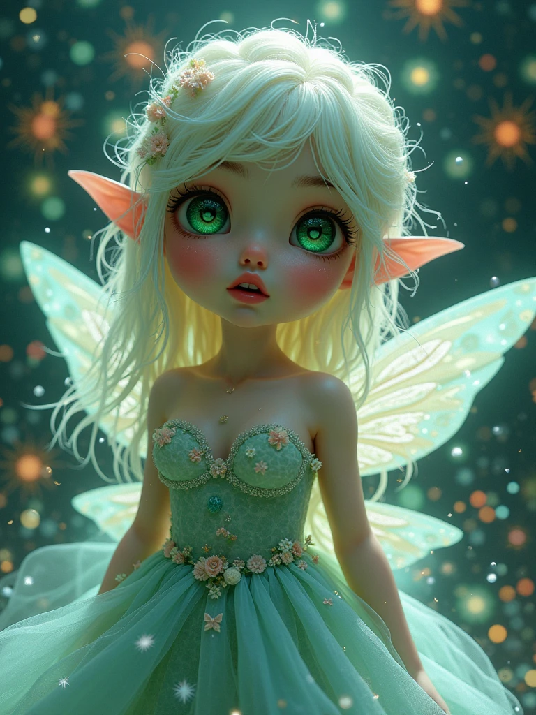 megarealistic, Melting Fairy, Light dress made of flowers and turquoise, expressive face, The reflection of stars in the eyes, multi-colored fireworks, Fractal of Fire, Over-dehydration, secret, light, fancy, Fantastic sky, soft light, rain drops, glitter, professional photos, beautiful, realistic, 8k, Gluhoff, high resolution, high detail, surrealism, large green eyes, lush lips, photorealistic painting