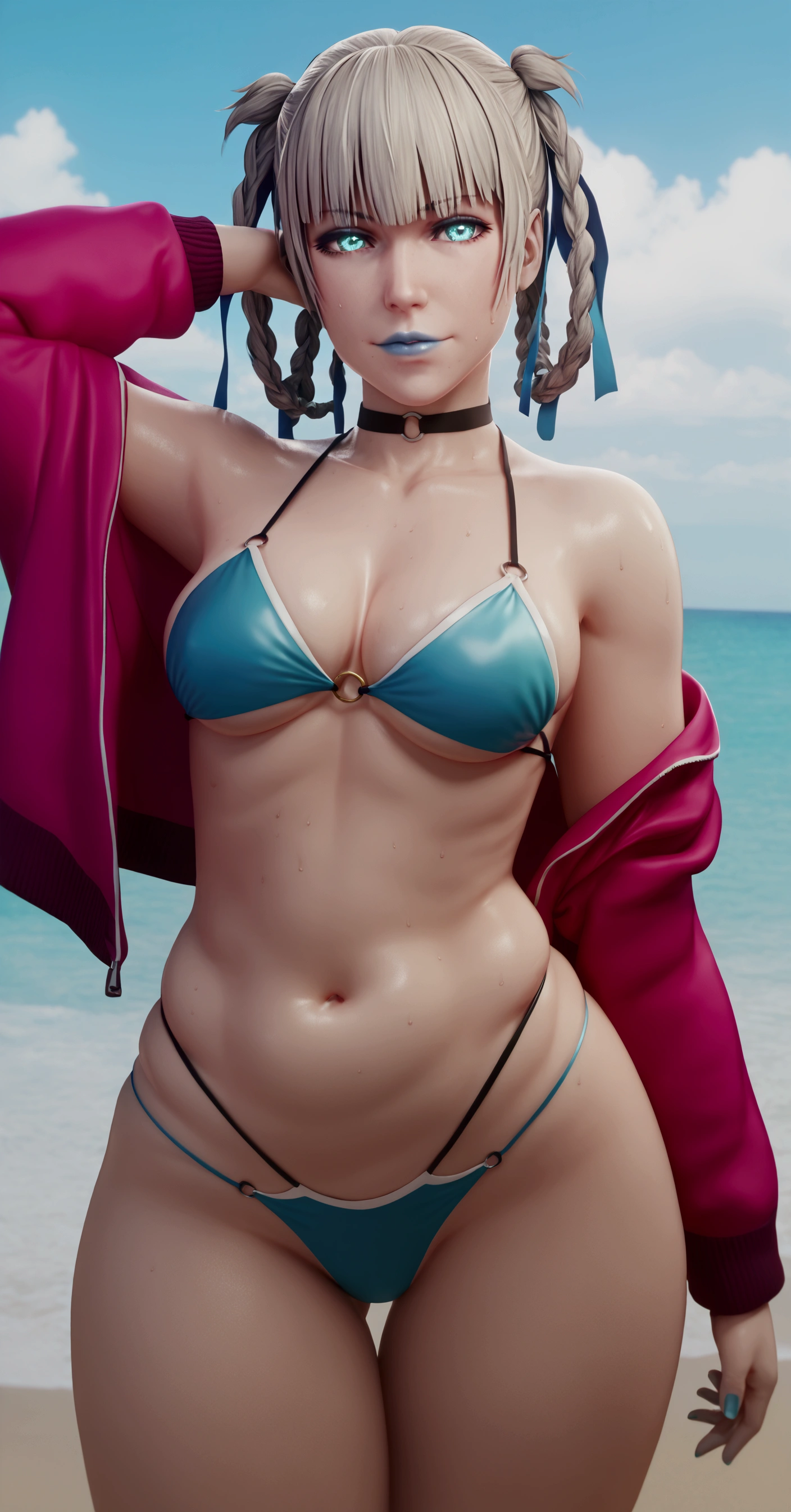 score_9, score_8_up, score_7_up, score_6_up, uncensored, Kirari, braid, makeup, twin braids, blunt bangs, aqua nails, aqua eyes, blue lips, hair ribbon, grey hair, nail polish, BREAK detailed eyes, (perfect hands, perfect anatomy), detailed skin texture, (blush:0.5), (goosebumps:0.5), subsurface scattering, cinematic, Sharp focus, humorous illustration, big depth of field, Masterpiece, concept art, trending on artstation, Vivid colors, Simplified style, trending on ArtStation, trending on CGSociety, Intricate, Vibrant colors, Soft Shading, Simplistic Features, Sharp Angles, Playful, excessive sweating, sweating profusely, sweating drop BREAK, 1girl,swimsuit, jacket, red_jacket, breasts, bikini, navel, ass_visible_through_thighs, looking_at_viewer, o-ring, sky, choker, thigh_gap, outdoors, solo, cloud, day, collarbone, multi-strapped_bikini, black_bikini, bare_shoulders, open_jacket, open_clothes, off_shoulder, cowboy_shot, black_choker, blue_sky, ocean, cleavage, skindentation, lips, medium_breasts, water, stomach, beach, track_jacket, smirk, upper teeth, shaded face, hollow eyes,