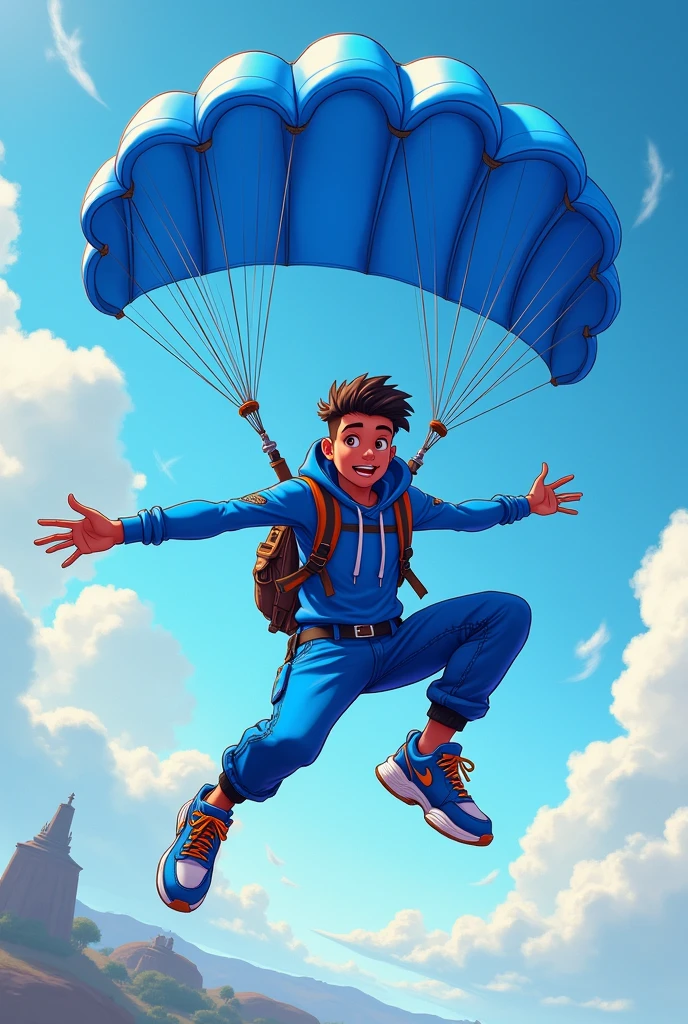 A male teenage character from a battle royale game wearing blue clothes and sneakers, jumping out of a plane with a parachute. Very cartoonish graphic