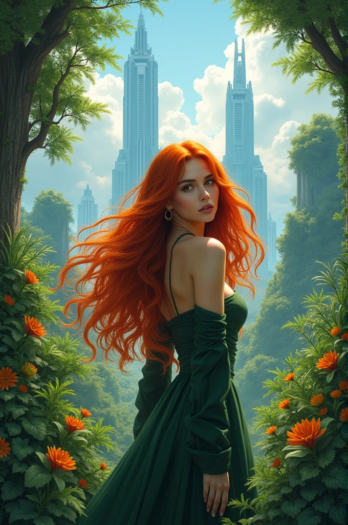 paradise , forst, bright sky futuristic city in background and woman with fiery hair 