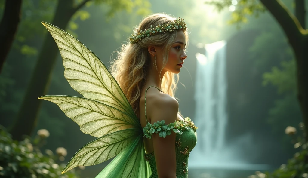 ((Tabletop、Highest quality、8k、Very detailed and exquisite、The most complex and detailed textures、Ultra-high resolution、Bright and gentle lighting、The mildest texture、The smoothest texture))、(Beautiful waterfall in the background:1.3)、(Very delicate and shiny tiny feathers:1.2)、(A photo of the upper body of a standing princess:1.1)、(Sacred fairytale forest:1.2)、(Fairy wings with extremely intricate patterns:1.2)、(The most luxurious and divinely shining Fairytale Light green princess dress:1.2)、((The most beautiful fairy tale forest princess Fairy tale princess、High saturation、Adorable little sparkly fairy wings、Fairytale Sparkle、The finest dresses with intricate embellishments.、The shining,  fairy-tale wings are untouchable, Fairytale Light、The background is a complex and sacred forest、優しいFairytale Light、Fairytale Sparkle、Fairytale atmosphere、Fantasy、The most intricate and sacred dress、The most beautiful fairy princess in the world、Faithfully reproducing the sacred atmosphere, Perfection in every detail、The most complex and detailed forest、The most sacred and luxurious princess dress、 Calm and bright、Gorgeous tiara and necklace、A forest filled with sacred light、Fantasy、Overgrown trees々々々、A forest surrounded by sacred light、とてもCalm and bright、Half Japanese, Half Russian、blue eyes、blonde、The best smile when he sees me、Beautiful wavy hair、The most gorgeous and exquisite dress、The most beautiful smile is looking at me、Slime、 and bursting、Very thin divine corset))