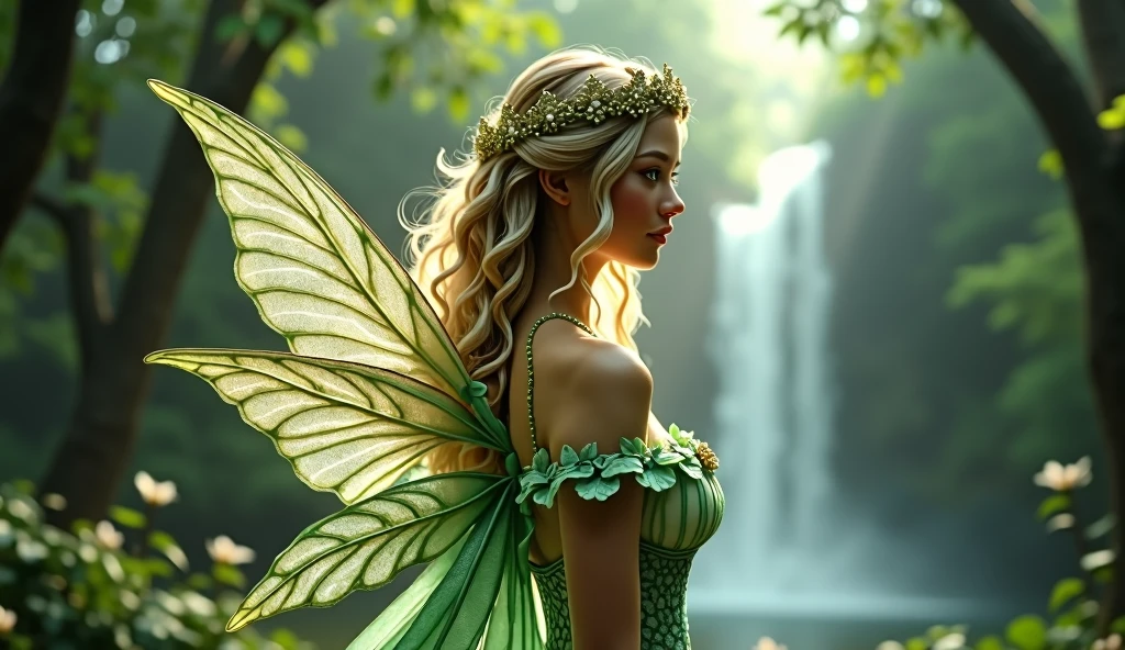 ((Tabletop、Highest quality、8k、Very detailed and exquisite、The most complex and detailed textures、Ultra-high resolution、Bright and gentle lighting、The mildest texture、The smoothest texture))、(Beautiful waterfall in the background:1.3)、(Very delicate and shiny tiny feathers:1.2)、(A photo of the upper body of a standing princess:1.1)、(Sacred fairytale forest:1.2)、(Fairy wings with extremely intricate patterns:1.2)、(The most luxurious and divinely shining Fairytale Light green princess dress:1.2)、((The most beautiful fairy tale forest princess Fairy tale princess、High saturation、Adorable little sparkly fairy wings、Fairytale Sparkle、The finest dresses with intricate embellishments.、The shining, transparent fairy-tale wings are untouchable, Fairytale Light、The background is a complex and sacred forest、優しいFairytale Light、Fairytale Sparkle、Fairytale atmosphere、Fantasy、The most intricate and sacred dress、The most beautiful fairy princess in the world、Faithfully reproducing the sacred atmosphere, Perfection in every detail、The most complex and detailed forest、The most sacred and luxurious princess dress、 Calm and bright、Gorgeous tiara and necklace、A forest filled with sacred light、Fantasy、Overgrown trees々々々、A forest surrounded by sacred light、とてもCalm and bright、Half Japanese, Half Russian、blue eyes、blonde、The best smile when he sees me、Beautiful wavy hair、The most gorgeous and exquisite dress、The most beautiful smile is looking at me、Slime、Busty and bursting、Very thin divine corset))