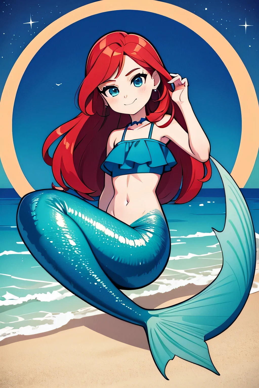 ruby, mermaid, 1 girl, Teenage, Long Red hair, Medium Hair, Blue eyes, bare shoulders, medium breast, aqua ruffle crop top, mermaid tail, scales on the mermaid’s tail, mermaid sitting on the beach, over the sea, at night on the beach with a crescent moon, Sexy, masterpiece, High quality. 2D illustration, 2D flat, sit down, Masterpiece, 8K, HDR, portrait, seductive smile, mouth open
