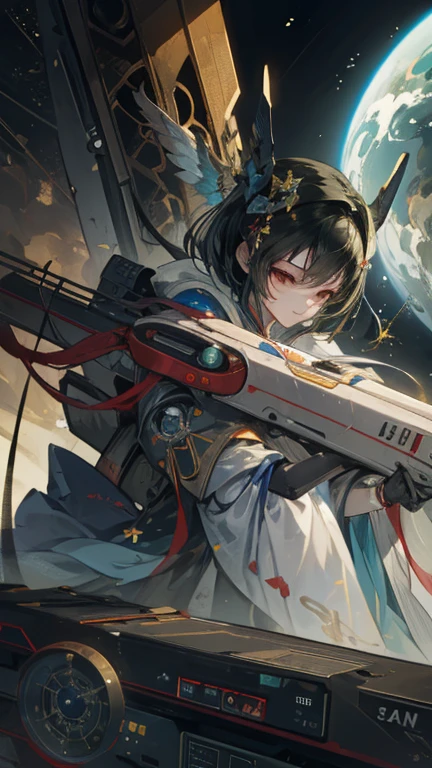 (((masterpiece))), (((Highest quality))), ((Very detailed)), (Highly detailed CG illustrations), ((Very delicate and beautiful)),(From the side),Cinematic Light,A girl climbs into the cockpit、Black Hair、long、Boarding a small spaceship，In the cockpit，Starry Sky, Big Clouds,colored glaze,Golden Universe，Space Station、Preparing for takeoff、Spacesuit、Aiming for Andromeda、Toa Heavy Industries decals、Lonely smile，Good luck，Close the hatch，Complex Instrumentation、White Mask