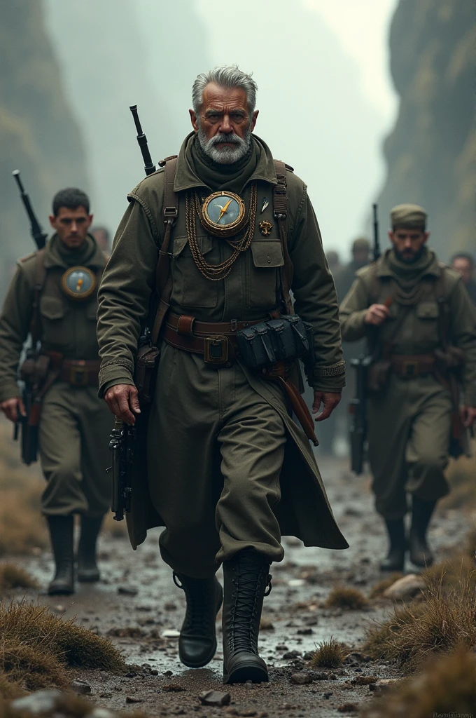 A captain with a pacemaker instead of a compass guiding some soldiers
