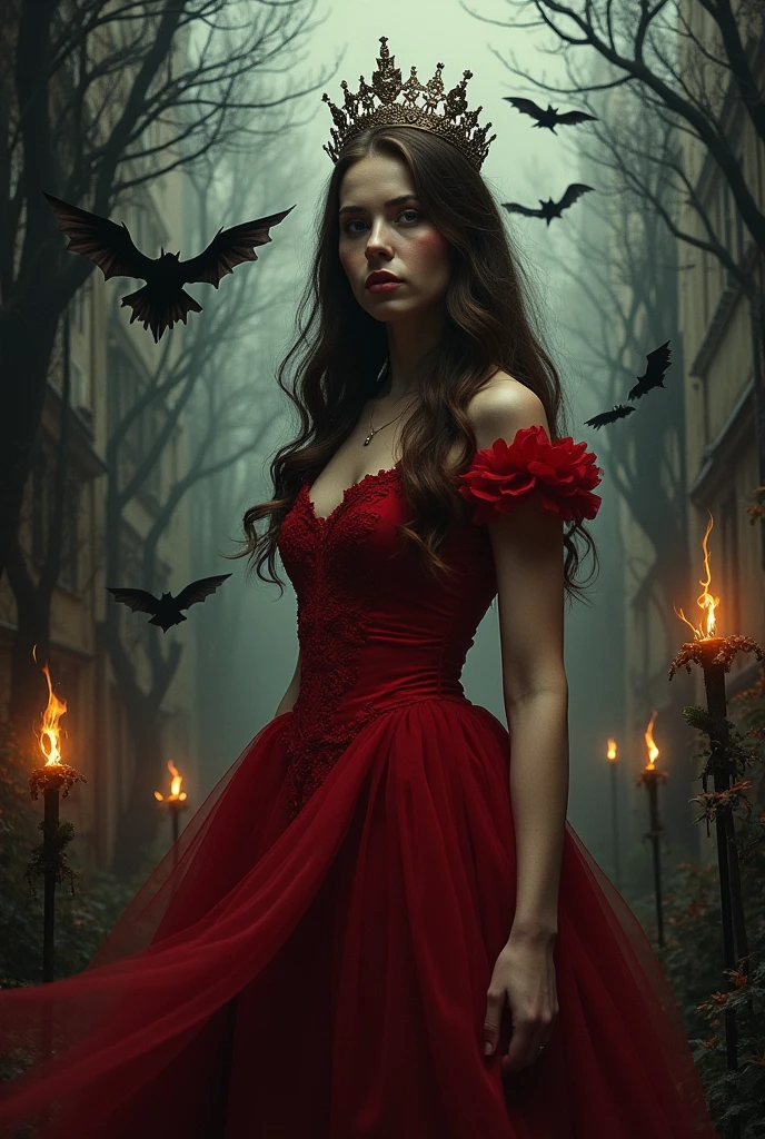 masterpiece, top, Very detailed, very Practical, original photo, (Orcs:1.5),(gothic theme:1.5),(Dark horror theme:1.5),(Thriller:1.5),(Inspired by Stephen King:1.5),( Dark Fantasy:1.5), (Ink Painting:1.5 ), (Ominous sight:1.5),(Many bats fly towards the audience:1.5), (19th century:1.5), ( Theme fragmentation:1,5),(A lot of dust:1,5),(Puddle:1,5),(absurd:1,5),(Excellent:1,5),Lepidolite Quartz Woman in red dress facing the viewer, Pretty Face,Brown long hair,Half-length portrait of the Queen with a crown on her head, an ominous, Bat pumpkin lantern atmospheric fluorite chrysocolla, ArtworkSimon Stalenhag, Nicomoli, Wanjichi Mutu, primary color, Very detailed, masterpiece, Intricate details, decline, Very detailed eyes, High detail eyes, 4K resolution,Rich facial details, Raw, Nikon Z9, grisly city, Mysterious and beautiful woman, Intricate details, stone forest, Yunnan Province, China, Extremely detailed,Dark and eerie atmosphere, The illusory existence, fine, Facing the camera , FOG, Paranormal Entities, devil'nature, Shadowform, Strange Whisper, breathe, Mysterious White Man, dark and twisted branches, Flickering candlelight, horror element, Mysterious ghost, Gothic art style, 非常charming , Spectral characteristics, Very depressing, Otherworldly beauty, Ethereal Light, Cold and atmospheric, Strange lights. Mysterious and beautiful woman, Impressionism, starlight color, Wonderful lighting, Atmospheric and elegant, charming, 神秘breathe, majestic vines, Glowing leaves, Calm expression, Intricate details, Beautiful Features, Put flowers in your ears, Sky Light, Colorful Energy, Authentic atmosphere, Bright colors, charming的创作, 32K Ultra HD分辨率, HDR, 800mm lens, Practical, hyperPractical, photography, professional photography, immersive photography, Ultra HD, Ultra-high quality, best quality, HDR photos, Focus Photos, original photo, Extremely sharp, Nature photos, masterpiece, The award-winning, Photographed with Hasselblad x2d.,Red vest dress