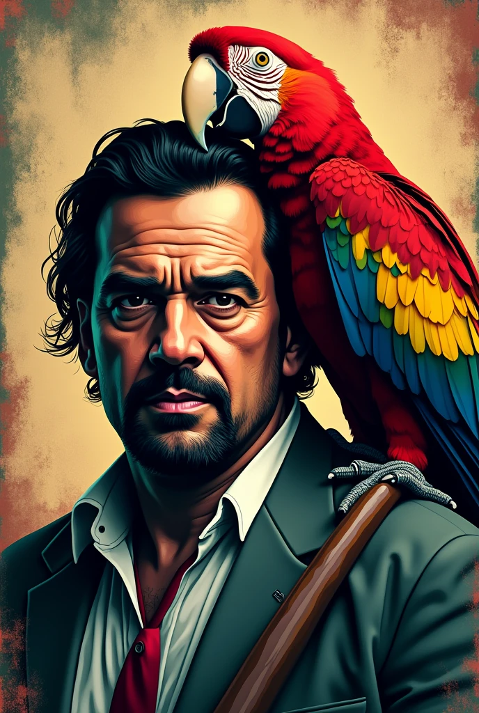 Pablo Escobar's logo and a parrot on his shoulder