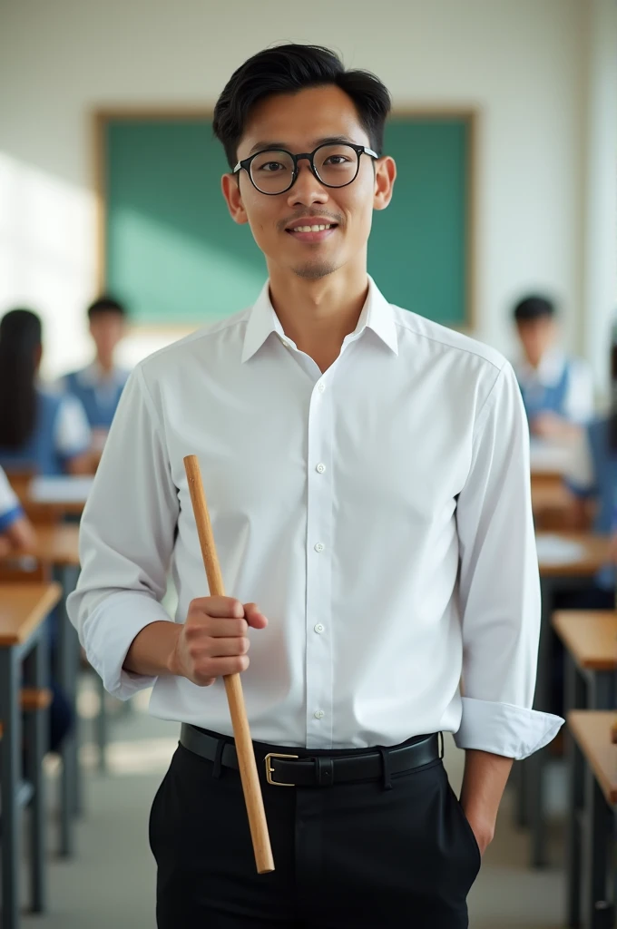 Smart Thai man with circle glasses, black hair, dark brown eyes, wearing Thai teacher's outfit, white long-sleeved shirt, black trousers, slim fit, holding a small wooden stick in hand, standing and posing in the classroom, background is a classroom, student desks and chairs, the most realistic image.