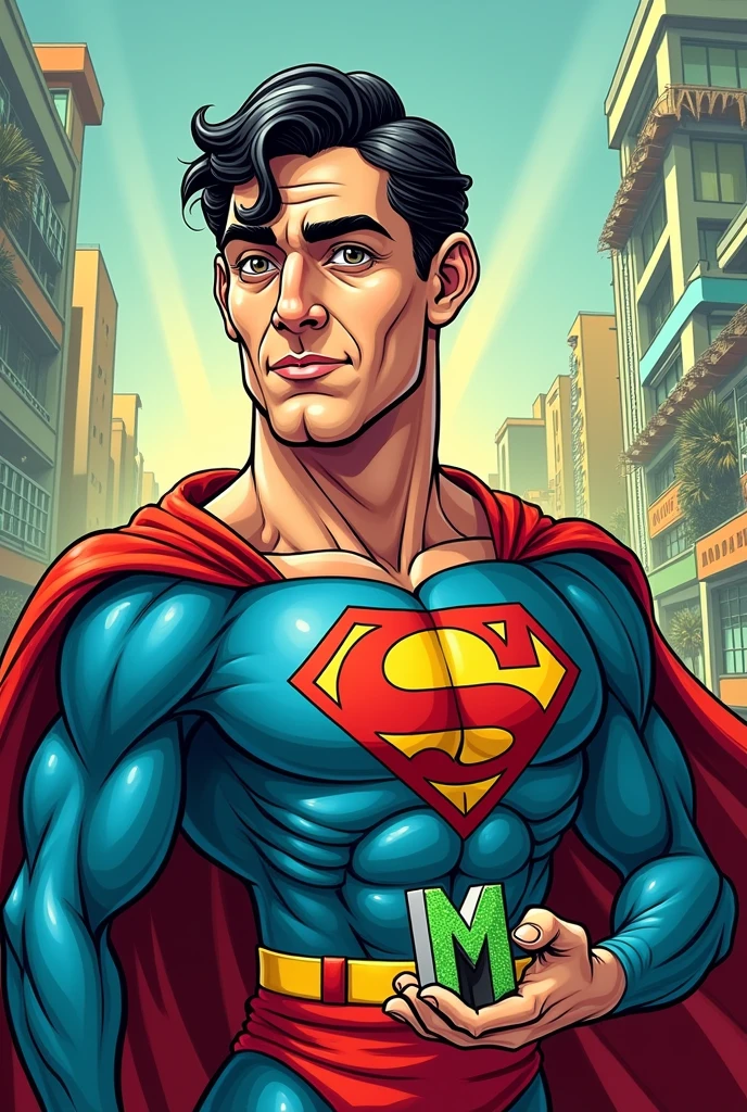 Create a Superman cartoon with Pablo Marçal&#39;s face with an M on his chest and Guilherme Boulos showing kryptonite in the shape of Alexandre de Moraes. Change the S on his chest to an M.