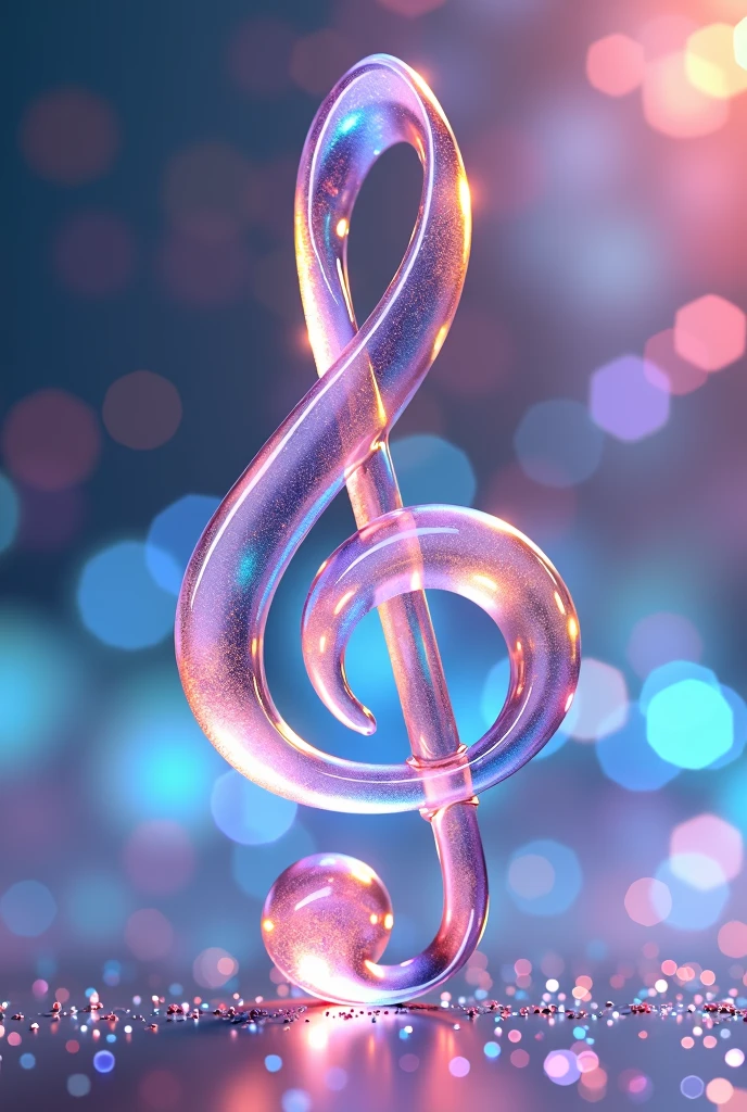 Create a 𝄞 symbol: made of pink-blue crystal (hologram effect), glass material, soft glow, beautiful bright hologram background