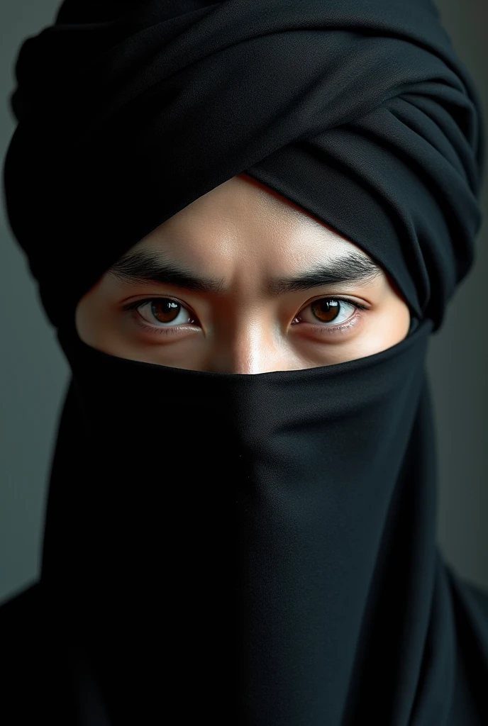 A kim taehyung with a dastaar on his head and short black hair, Seriously, only his eyes are visible 