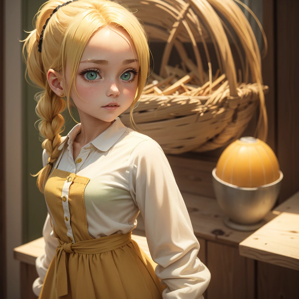 A blonde girl with honey color hair tied on a ponytail and green big eyes