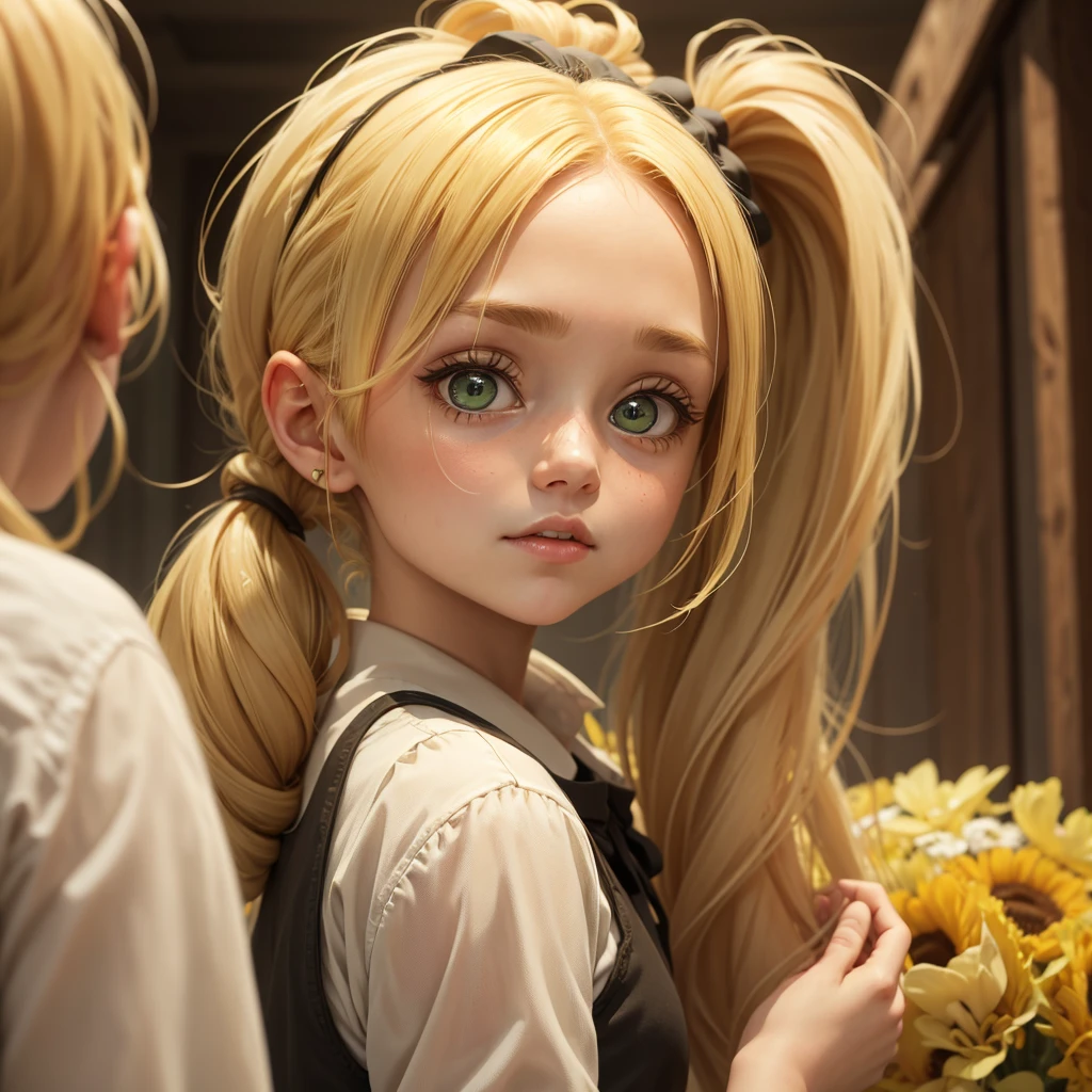 A blonde girl with honey color hair tied on a ponytail and green big eyes