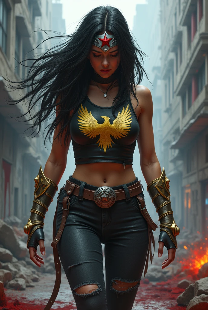 A beautiful woman with long black hair wearing a black leather top with a yellow eagle-like emblem on her chest with black jeans, ripped leather boots and gold bracelets, a silver headband with a red star on her forehead, screaming exhausted after an extensive battle, blood all around her in a cold and dark apocalyptic city, bloody and scary images