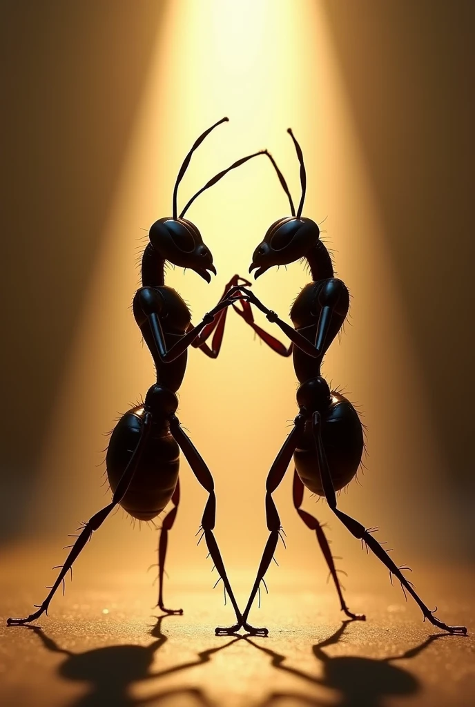 Create a realistic image showing two ants dancing tango. The image must be taken against the light, so that the shadows and profiles of the ants stand out very clearly. Ants must be in a dynamic position, Capturing the movement and grace of tango, with its antennae and legs in elegant positions. Make sure the image has a high level of detail, especially in the texture of the ants and the projected shadows. The backlight should be diffuse and soft., creating a dramatic effect that accentuates the silhouette and shape of the moving ants. The overall atmosphere should be evocative and artistic., with a focus on contrast accuracy.
