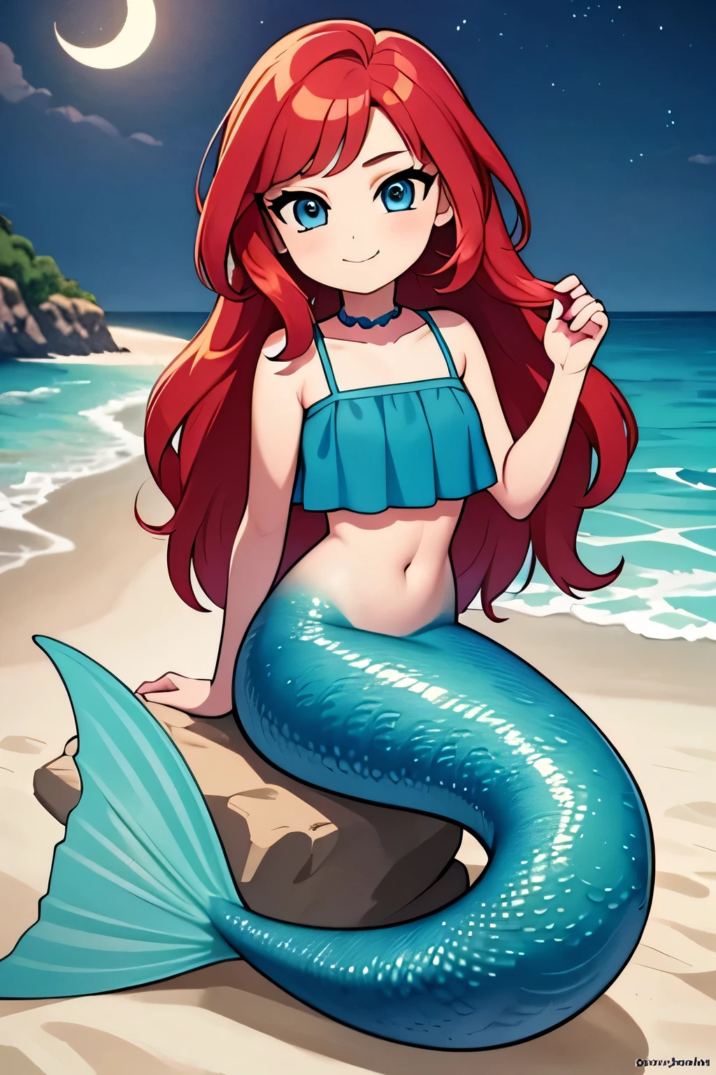 ruby, mermaid, 1 girl, age, Long Red hair, Medium Hair, Blue eyes, bare shoulders, medium breast, aqua ruffle crop top, mermaid tail, scales on the mermaid’s tail, mermaid sitting on the beach, over the sea, at night on the beach with a crescent moon, Sexy, masterpiece, High quality. 2D illustration, 2D flat, sit down, Masterpiece, 8K, HDR, portrait, seductive smile, mouth open