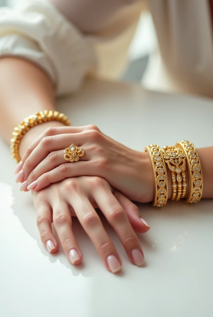 Woman's hand showing gold bracelets on a white table