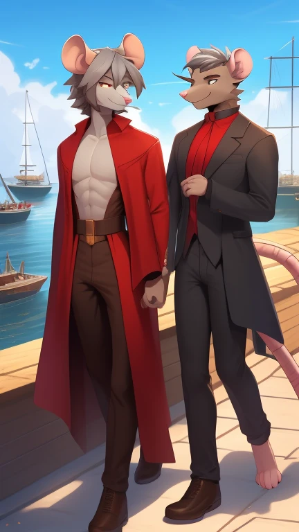 Best quality, Super detailed illustration, (furry rat gay boy:1.4), masculine face and body, disheveled thick gray hair, brown fur, two-tone dark brown fur, red robe coat, red pants, smug smile, half-closed eyes, against the background of the harbor, gay male, small waist, wide hips, slim, perfect body, style "DND"