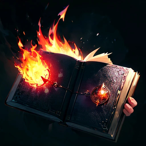 (Black background) Magic book with fire aound