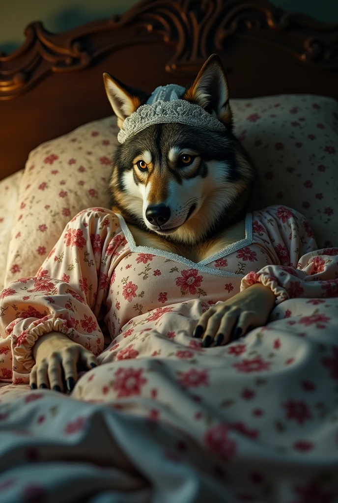 a wolf dressed as a grandmother lying on a bed