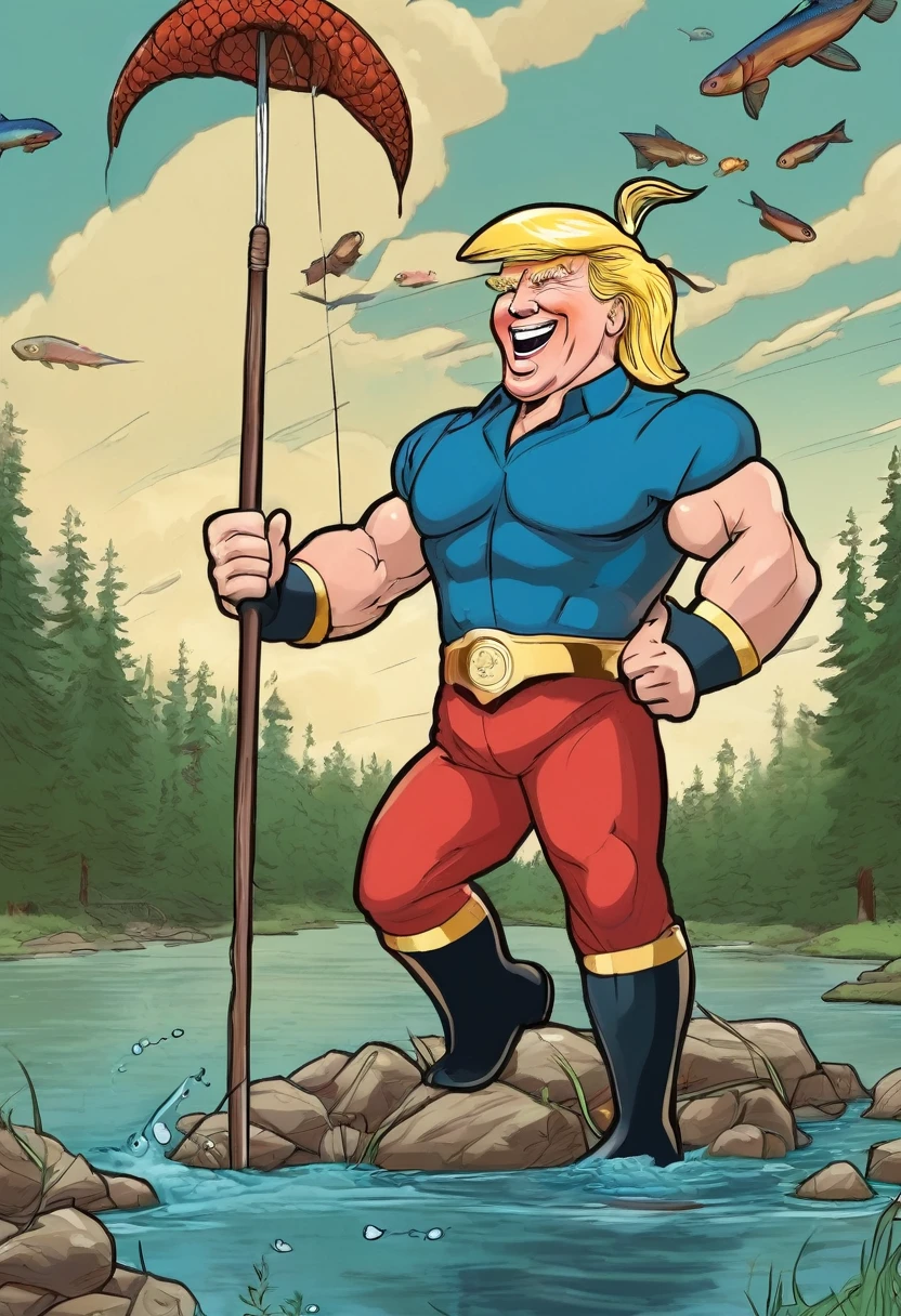 Donald Trump (bandage on one ear, happy grin, muscular, conan outfit) has just speared a fish and raises it out of the water for the women to see, forest pond