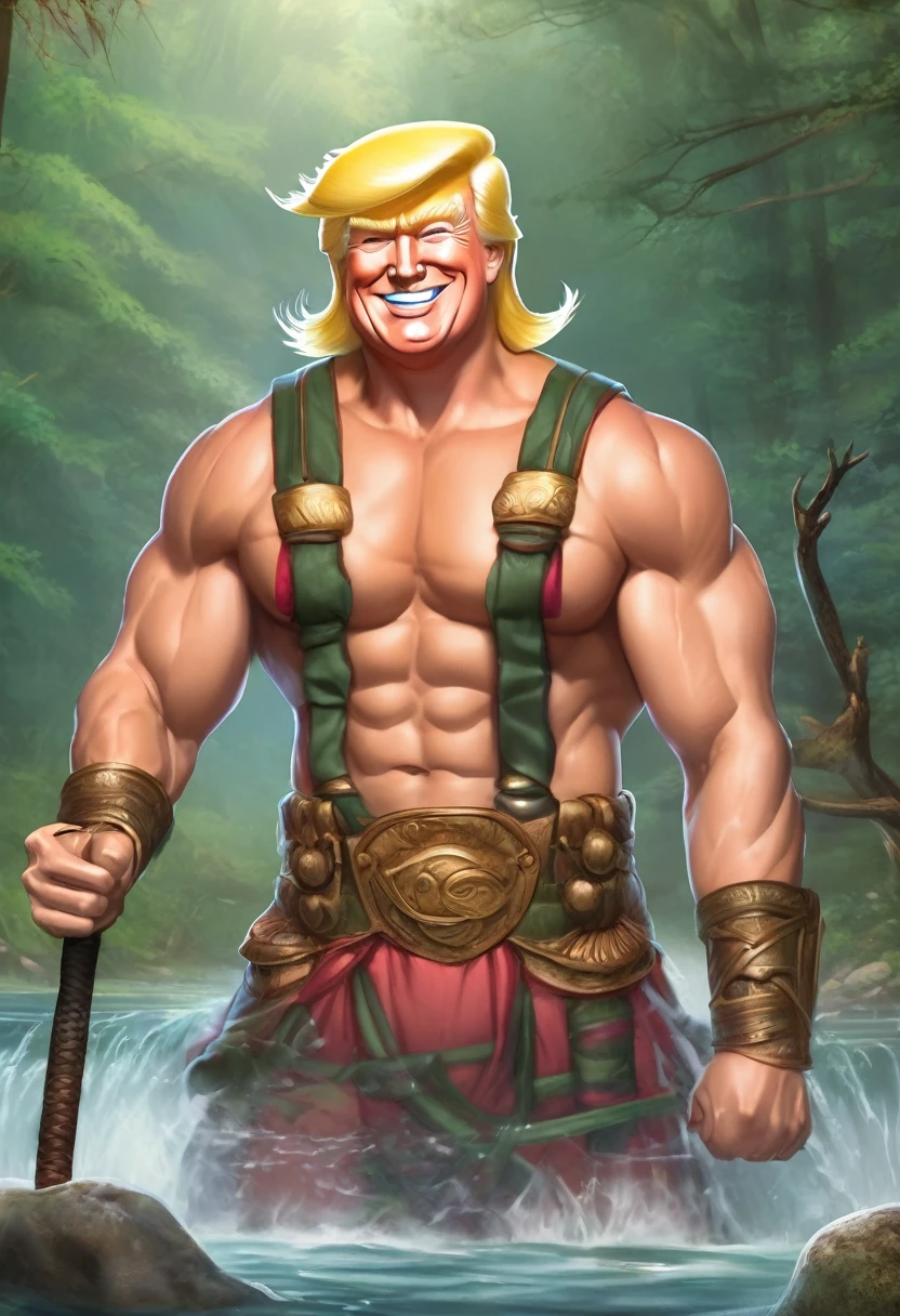 Donald Trump (bandage on one ear, happy grin, muscular, conan outfit) is fishing with a bamboo fishing rod, he is bringing in a large fish that is thrashing, forest pond