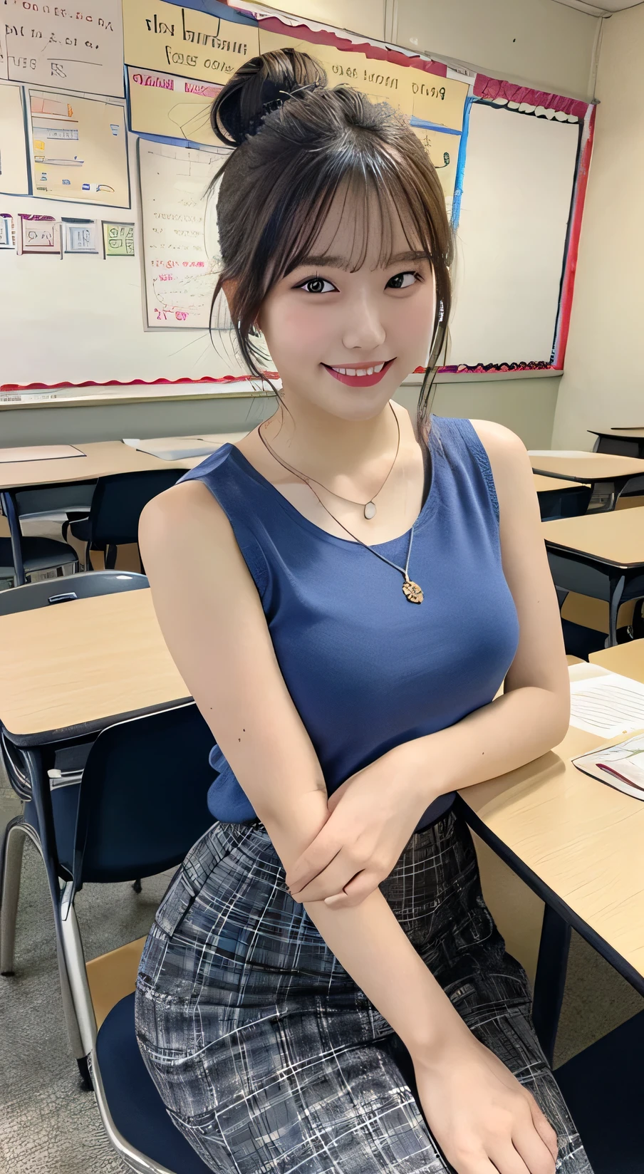 Tabletop, Highest quality, figure, Very detailed, In detail, High resolution, 8k wallpaper, Hair Bun,Small breasts、Sleeveless shirt、24-years-old、female teacher、mermaid skirt、smile、Simple Necklace、staff room、School、