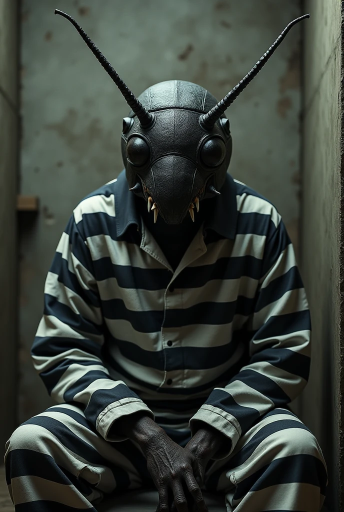Make a cockroach man in prison
Wearing black and white ????? clothing in a cell all alone and sad