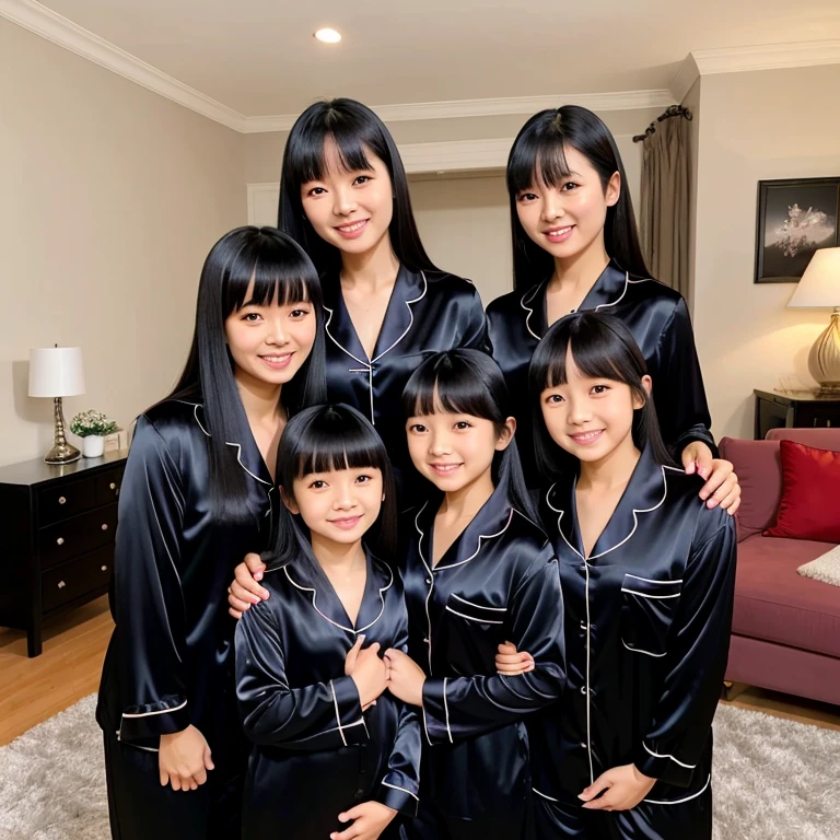 Twin Asian Mothers with Black Satin Pajamas, Hug with Twin Asian Daughters with Black Satin Pajamas, Long Hair with Full Bangs, Full Body, Living Room, Smile, Friendly.
