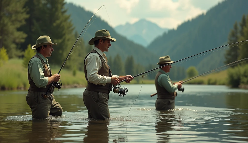 Super realistic, 3 men, fly fishing, wide shot, In the 1920s, two brothers and their father enjoy fly fishing in the river against the backdrop of Missoula, Montana's spectacular natural scenery. older brother is Craig Sheffer, younger brother is Brad Pitt, and their father is Tom Skerritt. wearing Light green felt hat, A River Runs Through It, deep focus, hyper Realistic, Professional photography, Cinema Lighting