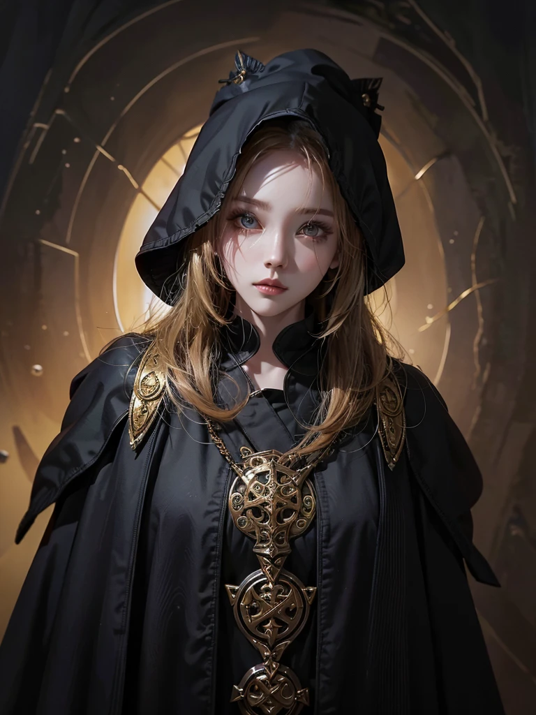 Runic Background、Wearing a black robe、Mage's Clothing、golden hair color、look at the viewer、masterpiece、cute woman、Wearing elegant school clothes