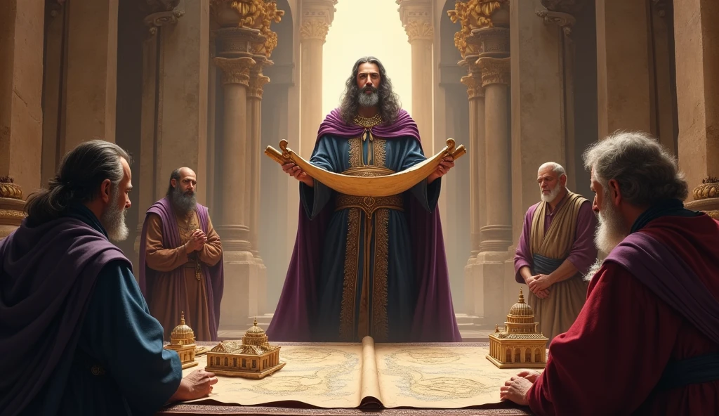 Crie uma imagem hiper-realista e misteriosa de Solomon em uma grande sala de planejamento dentro de seu palácio, where he is surrounded by maps, scrolls and building models that symbolize planning and economy. Solomon, dressed in a dark blue woolen tunic and a richly decorated purple cloak, is standing next to a table, holding an open scroll showing detailed plans. Advisors around you are in discussion, symbolizing the importance of strategic planning and savings for financial success. Soft light coming through tall windows illuminates the scene, highlighting the third secret: the need to plan and save.