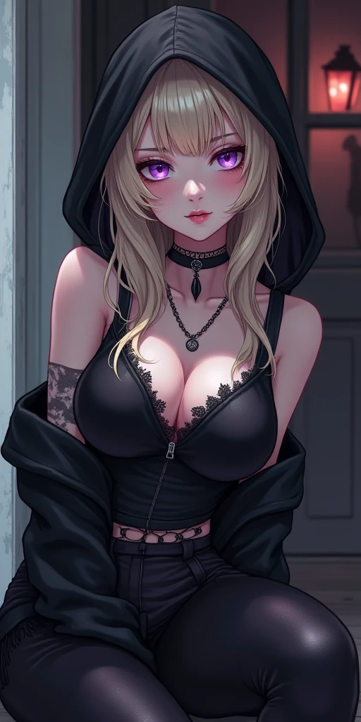 (best quality, ultra-detailed, photorealistic: 1.39), bright and vibrant colors, studio lighting, romantic expression, An effeminate girl, with a delicate and beautiful face. Beautiful and adult woman with her straight loose blonde with fringe, wavy matches the gothic makeup, her dark purple eyes and mischievous smile, with her large seductive breasts, cleavage, dark style, hood, Tank top with lace details, leggings, dark makeup. She have a horny face, like a manwha character, chain details,, walking in leaning pose on the porch of the house, seductive cleavage, manga style, anime features manga style, fully body , she is in love, like a manwha character style