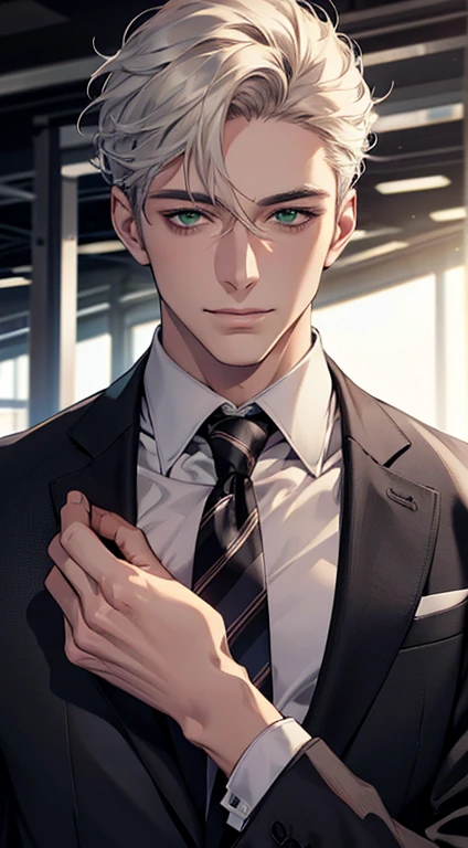 (Highest quality,4K,8K,High resolution,masterpiece:1.2),Super detailed,(Realistic,photoRealistic,photo-Realistic:1.37),1 personld,Mature Men,Beautiful skin、very handsome,Expressionless smile in love,Short white hair,green eyes,Sharp Eyes,A perfect face without a doubt,Businessman, CEO, Office Background,Cinema Lighting,HDR image,tie、