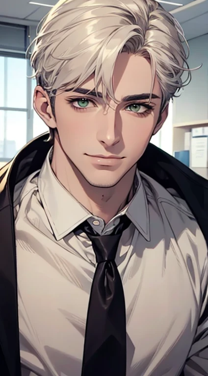 (Highest quality,4K,8K,High resolution,masterpiece:1.2),Super detailed,(Realistic,photoRealistic,photo-Realistic:1.37),1 personld,Mature Men,Beautiful skin、very handsome,Expressionless smile in love,Short white hair,green eyes,Sharp Eyes,A perfect face without a doubt,Businessman, CEO, Office Background,Cinema Lighting,HDR image,tie、