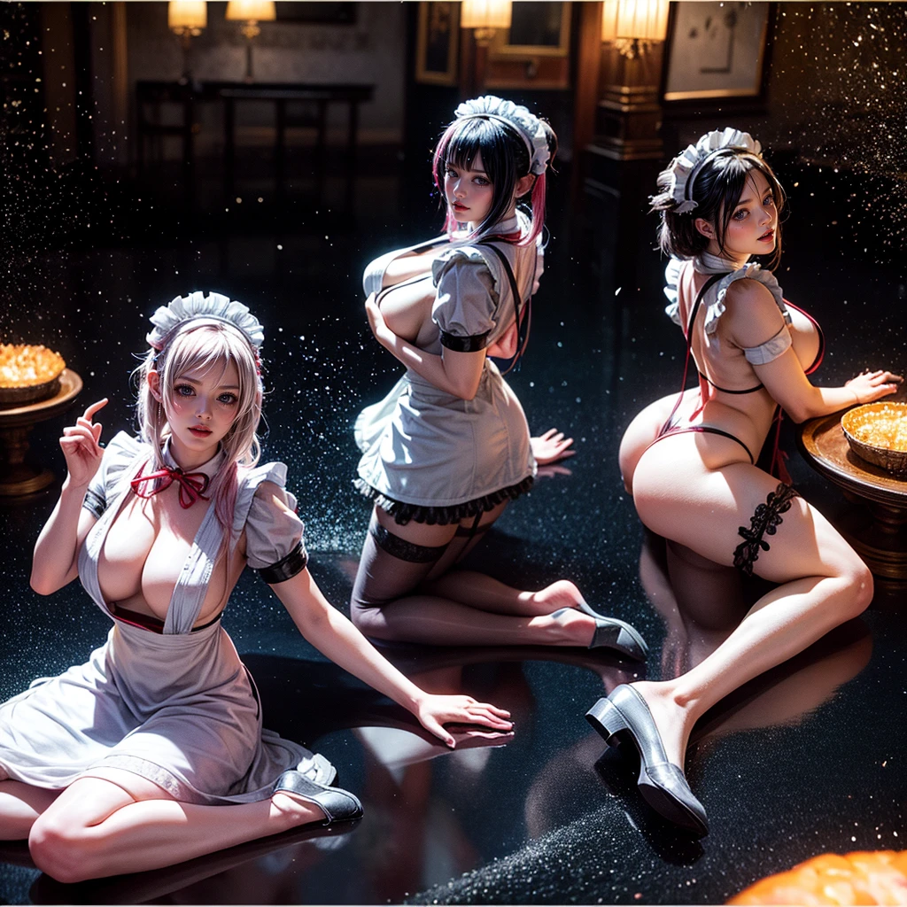 (Full Body of Extremely Detailed((12 Sexy Maid Group:1.4))), KAWAII perfect face, Reflective Eyes, Detailed(Delicate Clothing textures), Correct Stretchy graceful legs, Dynamic Joyful Expressions LifeLike Rendering, Specular Reflection, TopQuality 8K Ultra-detailed masterpiece (ProfessionalPhoto:1.37), (Acutance:0.8), (Luminism:1.28), Renaissance art style, (Colorful Light particles), ((Full body from side)) {Kissing Face to Face|Cute Peach AssFocus|(NakedApron with Overflowing SideBoob)}, Radiant Fine Skin with Transparency, (Exposed:0.4) {Pink Hair|LightBlue Hair|Pure White Hair|Blonde|Liquid Hair|Red Shoes}, Perfect Lighting, {(Couch:0.6)|(Counter Table:0.8)}