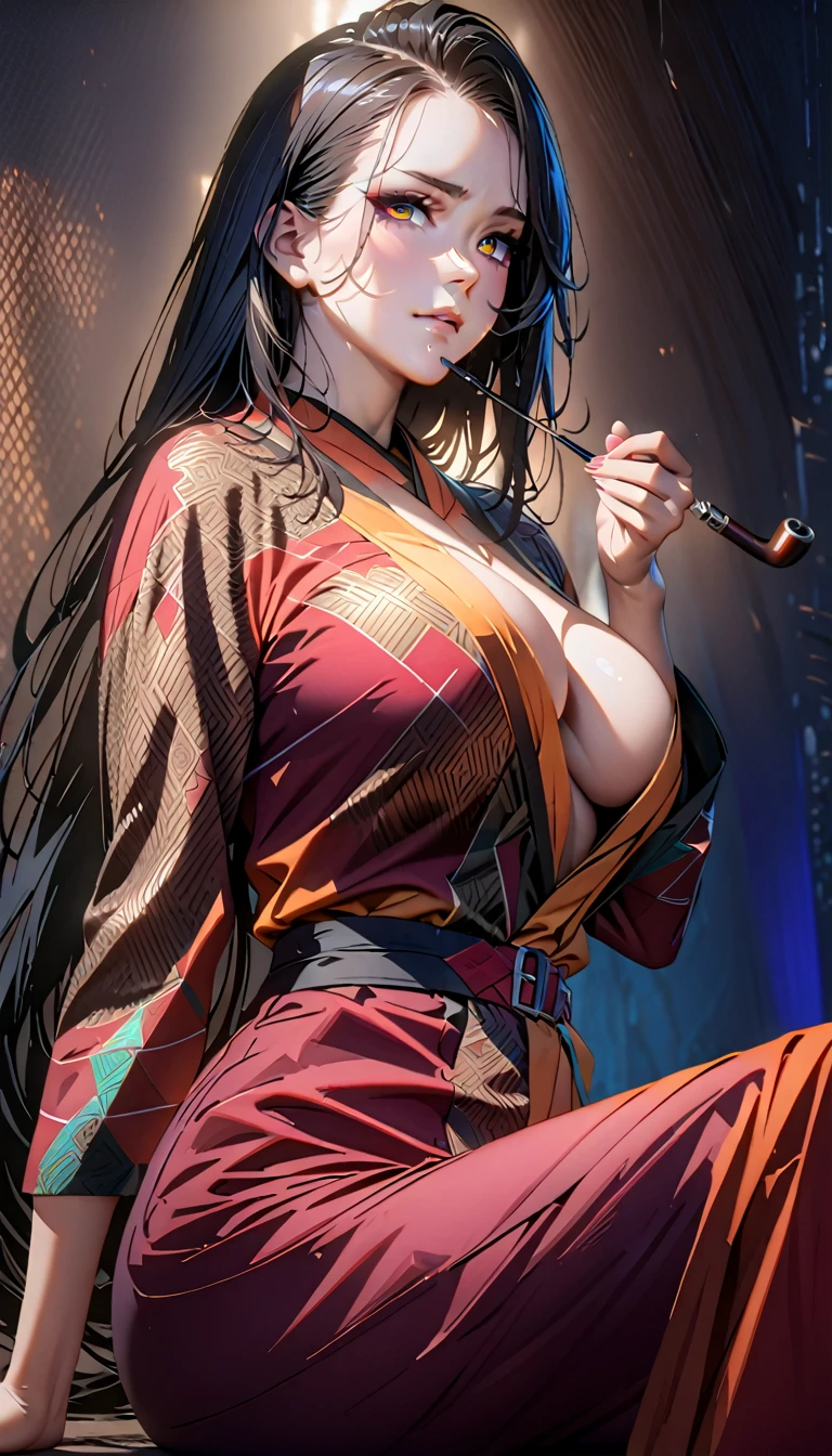 1women, (large breasts),(Very long black hair)٫(Wearing a kimono that exposes her breasts with a buckle design),(Sexy women's socks),(She puts a smoking pipe in her mouth),((masterpiece:1.5), (8k details:1.3), (unlimited details:1.2), (best eyes:1.4), (ultra clothes details:1.3), (highly detailed background), (vibrant colors), (dynamic lighting), (realistic skin texture), (intricate patterns), (sharp focus), (full-body view), (natural poses), (expressive emotions), (cinematic composition),(Sitting in a sexy way),(expressionless face)