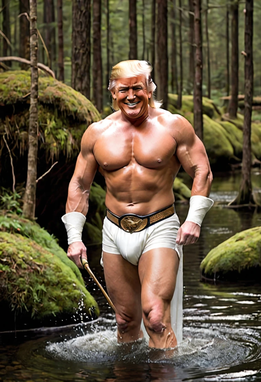 Donald Trump (bandage on one ear, happy grin, muscular, conan outfit) has just speared a fish and raises it out of the water for the women to see, forest pond
