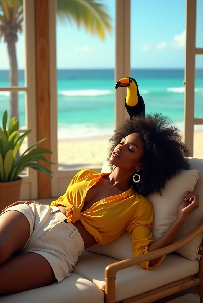 A black Brazilian woman with curly hair lying down wearing a yellow blouse and white shorts, in a house on the beach with a toucan perched on his shoulder
