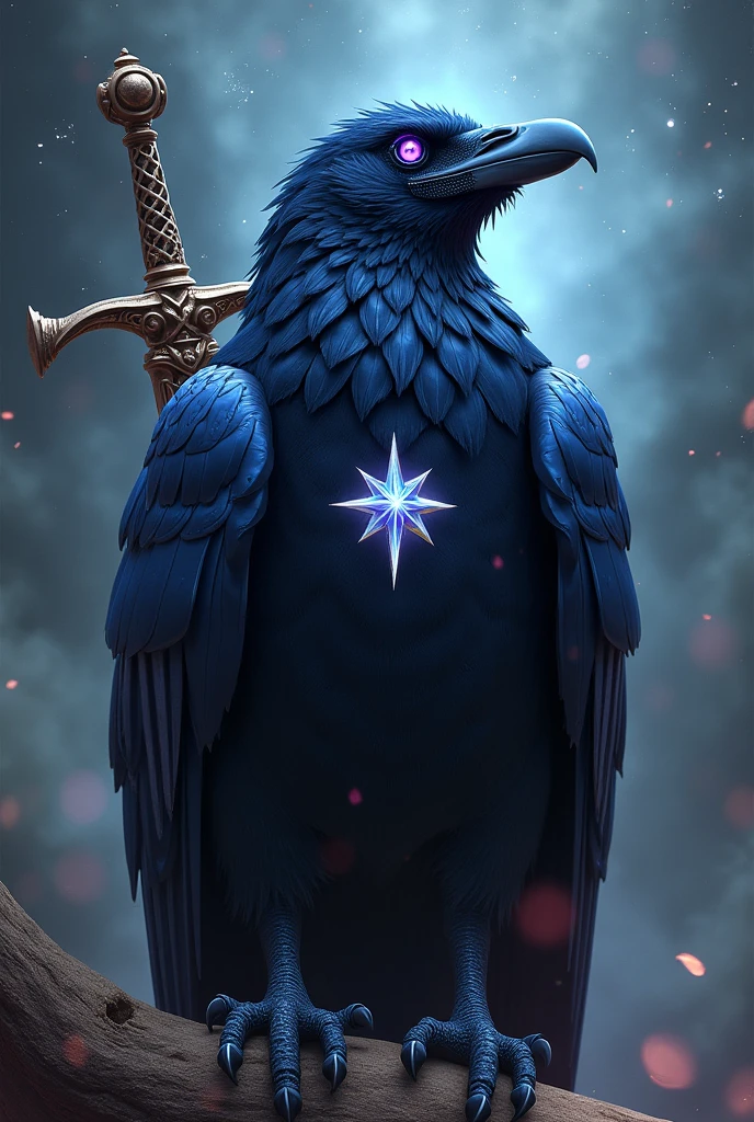 Raven with star on chest holding a bow with a sword behind