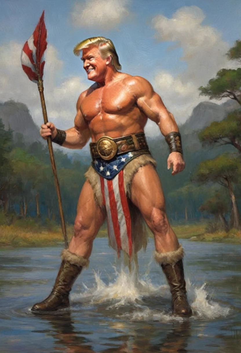 Donald Trump (bandage on one ear, happy grin, muscular, conan outfit) has just speared a fish and raises it out of the water for the women to see, forest pond