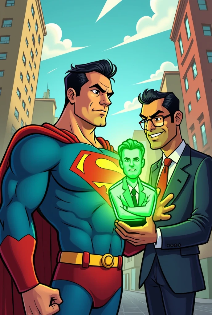 Create a cartoon of Super M with Pablo Marçal's face with M on his chest and Guilherme Boulos showing kryptonite in the shape of Alexandre de Moraes