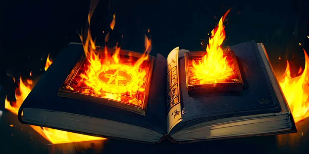 (Black background) Magic book with fire aound