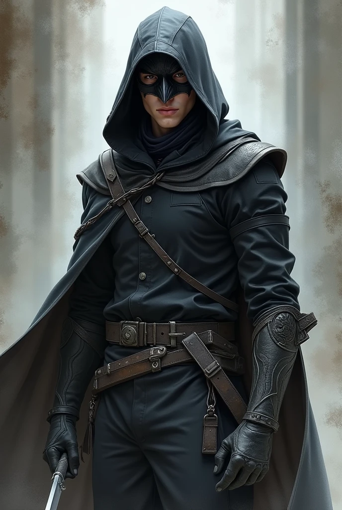 I want a character for a game of Dungeons and Dragons, that is a rogue assassin subclass, masculine, young man with black clothes and hood, He looks confident and carries a hidden knife and has a crow-shaped mask., all in watercolor style