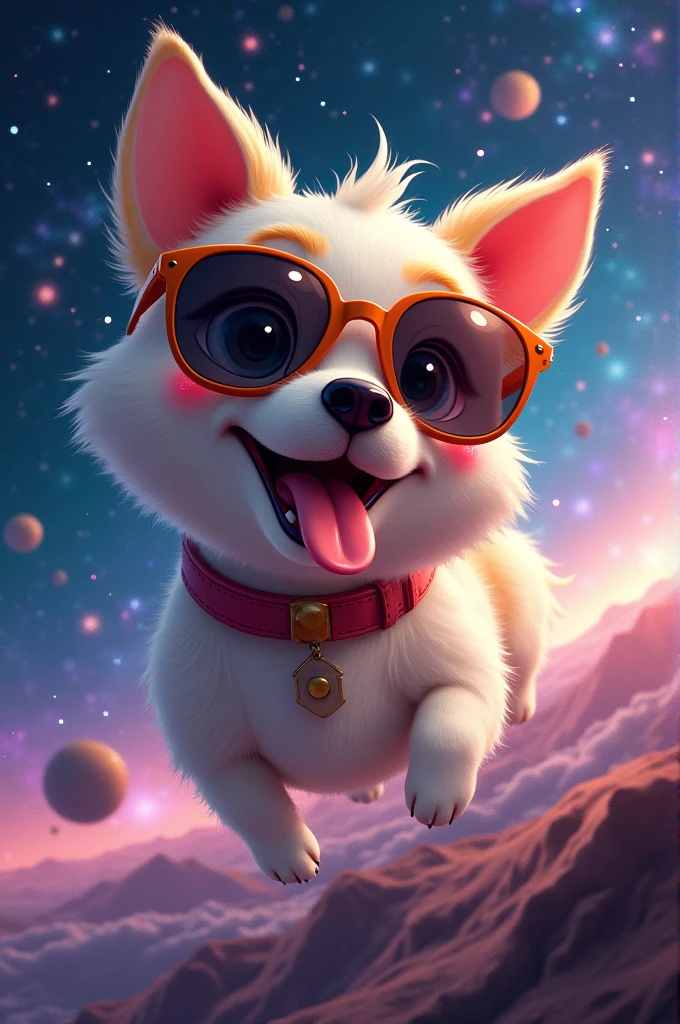 Dog with sunglasses, in space with the tongue out 